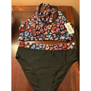 AIMAGE Womens High Waisted Bikini Set Multi Color Leopard Print‎ Halter Size L